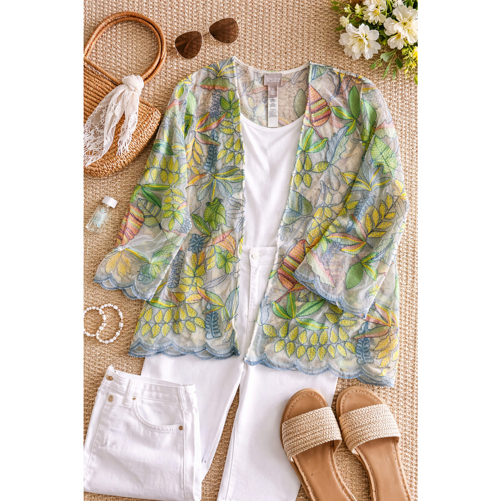 Chico’s Mesh Floral Cardigan Topper Size 1 M Tropical Sheer Open Front